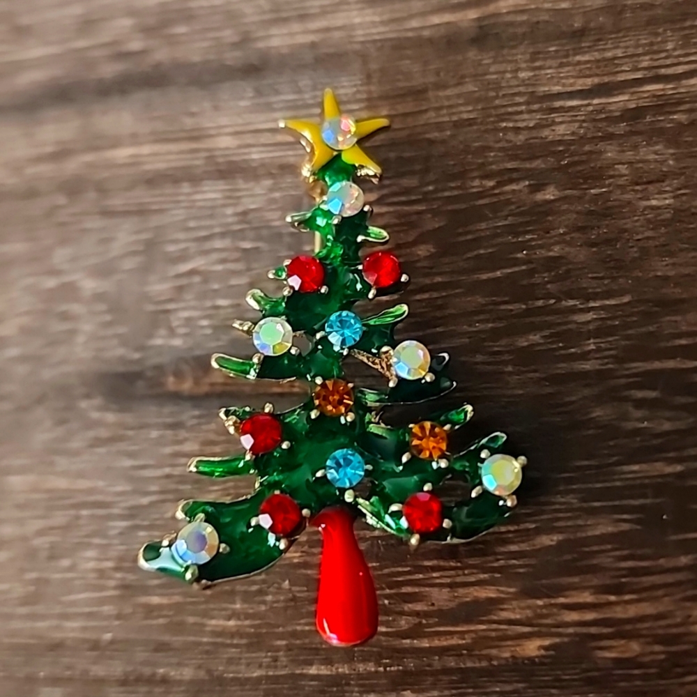 Red Green Silver Enamel  Rhinestone Christmas  Brooch Sweater pin